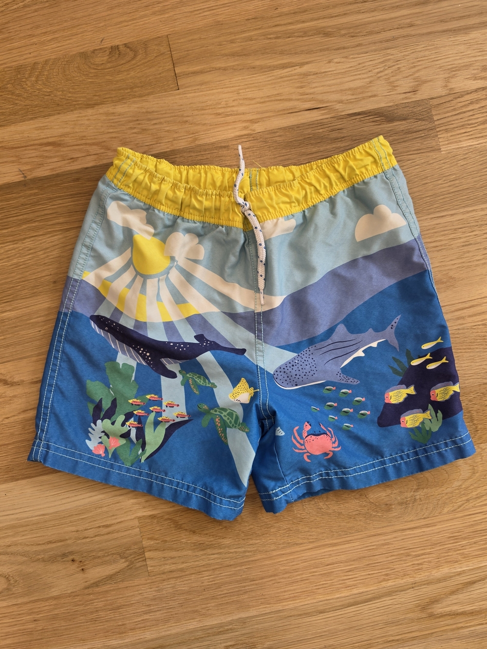 Mini Boden Kids Ocean Print Swim Shorts - Yellow & Blue